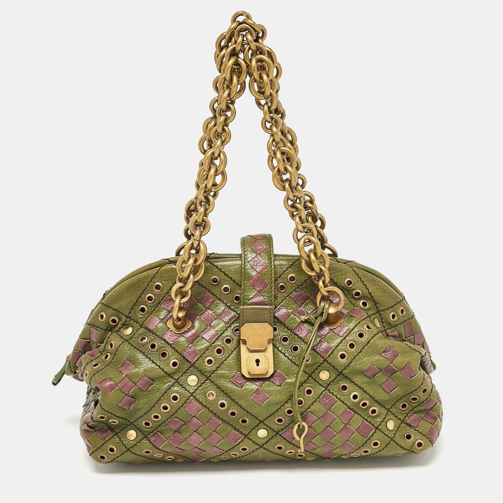 Bottega Veneta Green/Purple Intrecciato Leather Bowler Bag