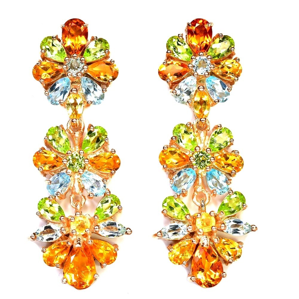 Genuine AAA Citrine Peridot Topaz Sterling Silver Flower Dangle Earrings