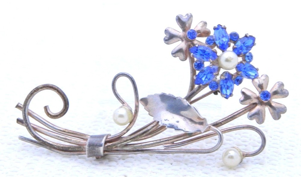 VTG Sterling Silver Gold Wash Blue Rhinestone Faux Pearl Flower Brooch Pin