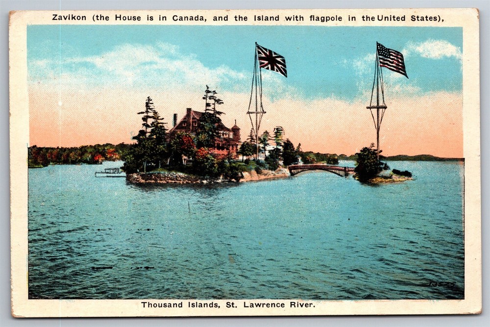 Thousand Islands Zavikon House In Canada Flagpole Island In US NY Postcard J17