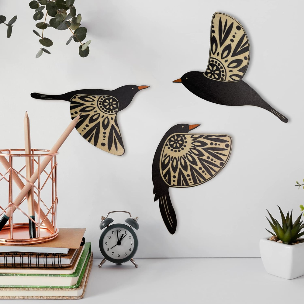 3 Black Wood Bird Modern Wall Decor Contemporary Style Wooden Bird Wall Art, Ins