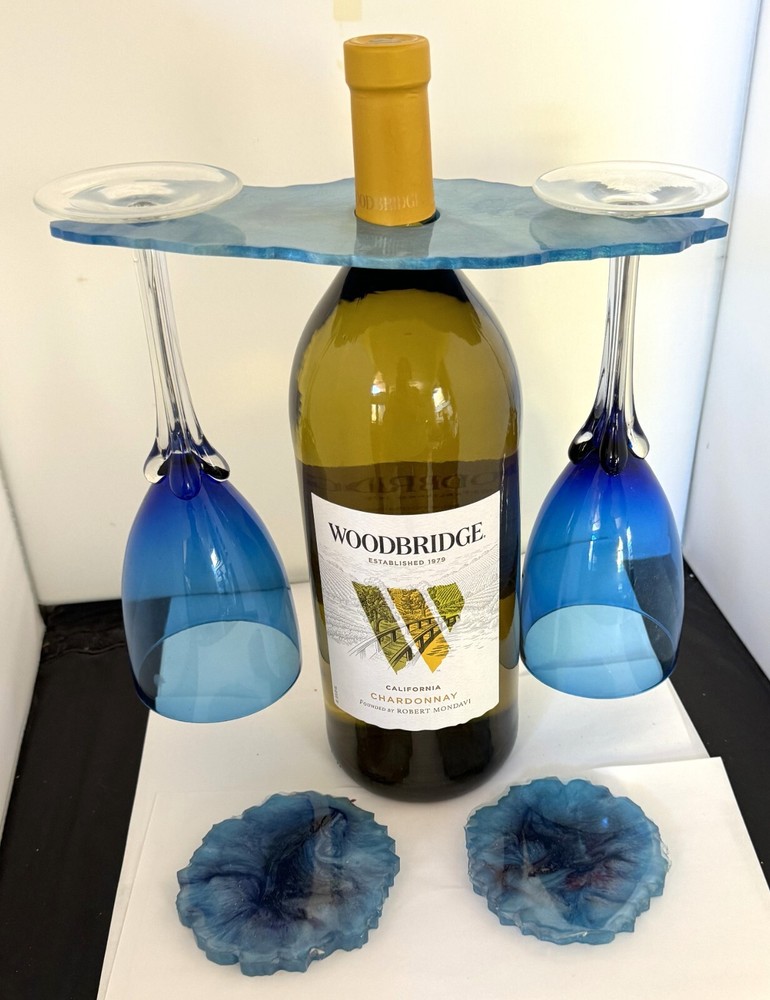 Blue Resin Wine Bottle & Glass Holder Set with 2 Coasters