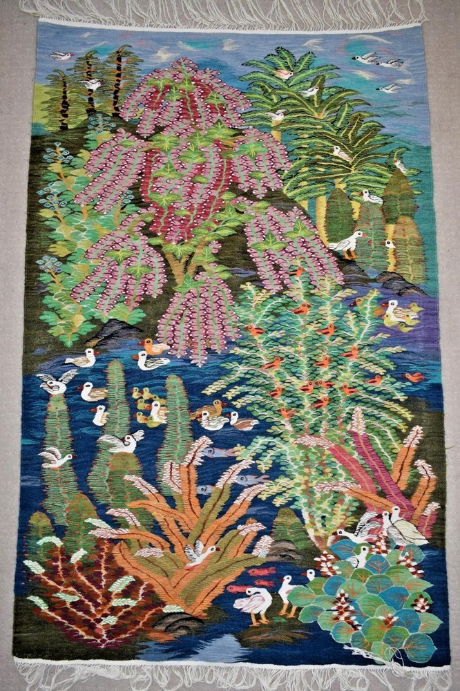 6 FT Handwoven Egyptian Kilim Rug Wall Hanging Tapestry Garden Ducks Birds Pink