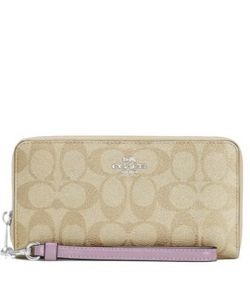 Coach Signature Light Khaki Ice Purple Canvas Zip Wallet C4452 New With Tags