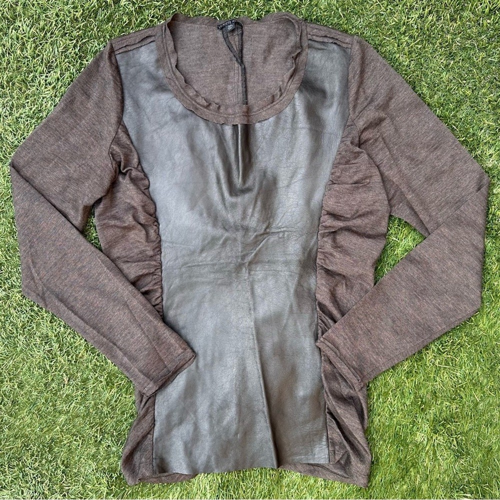 Lafayette 148 Genuine Leather & Wool Ruched Rustic Black Brown Long Sleeve Top L