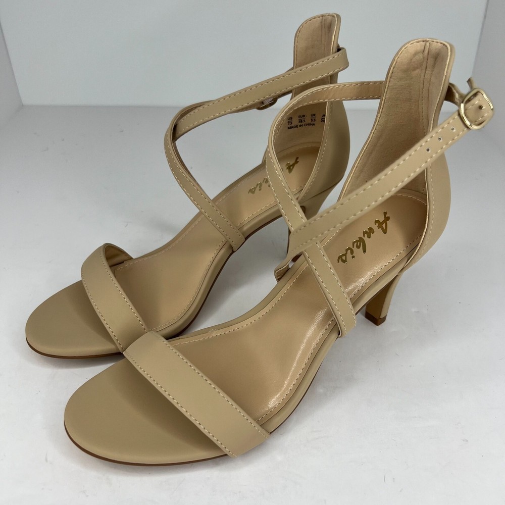 Ankis Womens Nude Gold Cross Strappy Heels Peep Toe Buckle Size 7.5 Stiletto