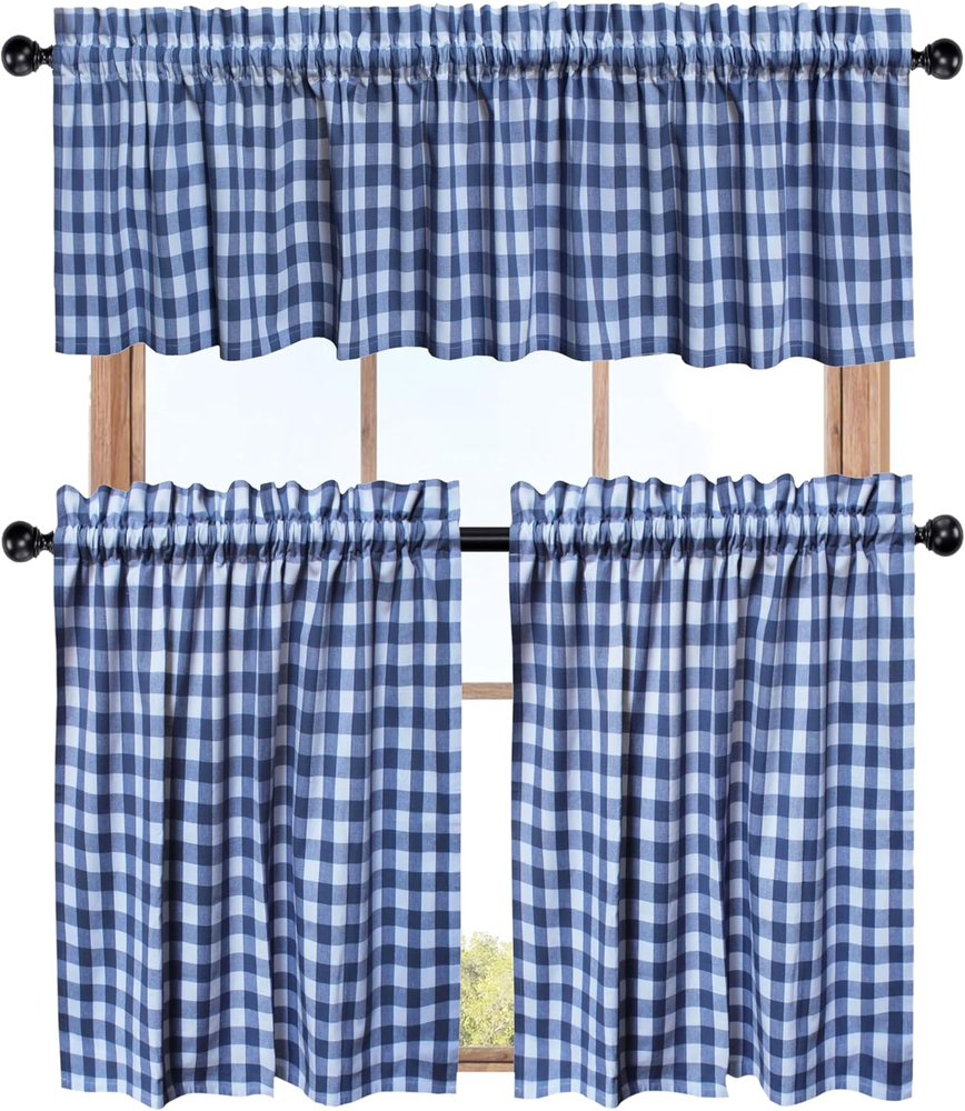 Café Curtains - Tier Window Treatment Curtains - Blue and White Gingham Check 3