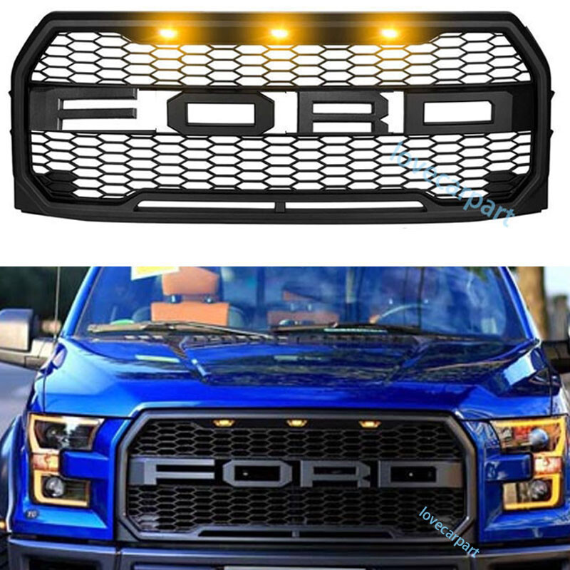 For For-d F150 Grill 2015 2016 2017 Raptor Style F-150 Grille W/LED+Letter Black