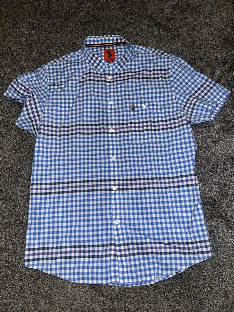 Mens Luke Shirt Blue & White Check Logo Cotton Button Up Size Large (72)