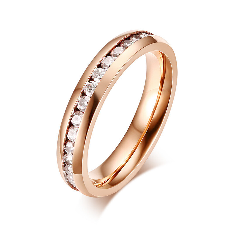 Fashion Single Row Diamond Lady Ring Titanium Steel Rose Gold Jewelry Gift Sz5-9
