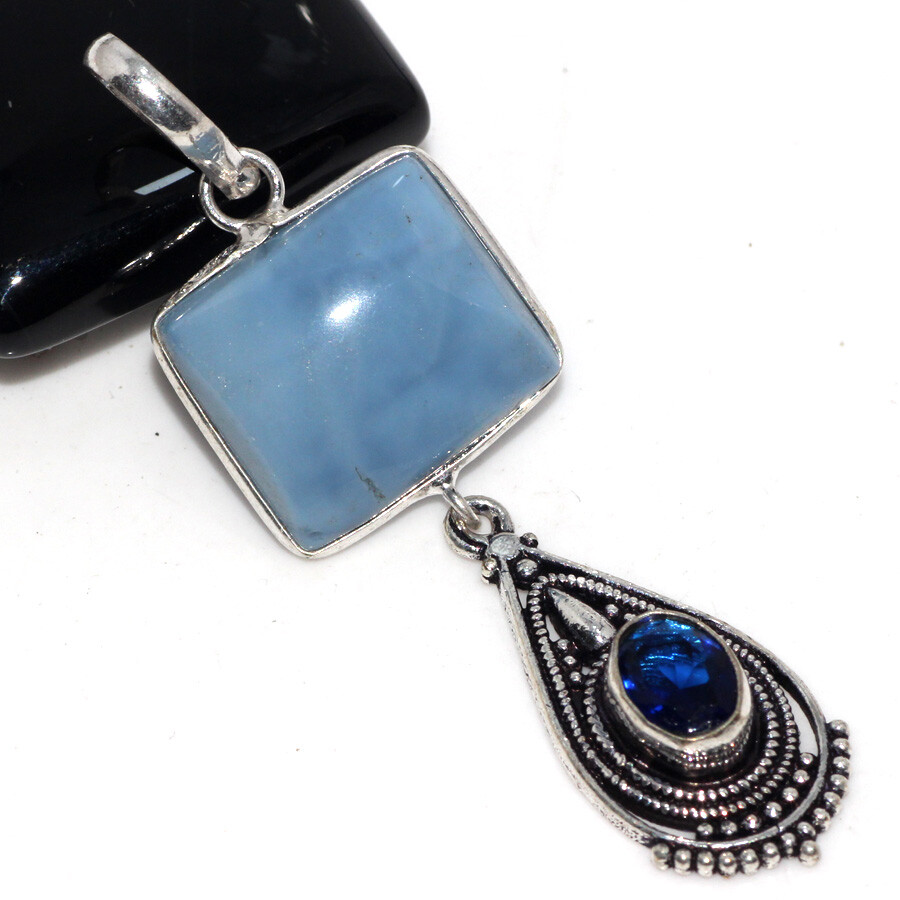 Owhyee Blue Opal Blue Topaz 925 Silver Plated Long Gemstone Pendant 2.5