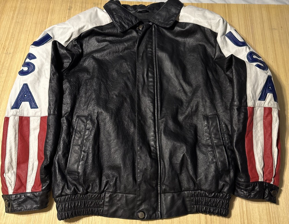 Patriotic USA Flag Leather Bomber Jacket for Men Medium Vintage Biker Style