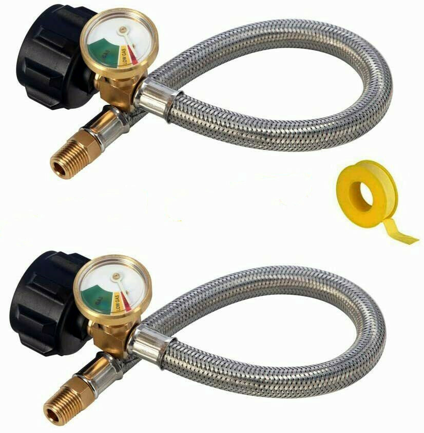 1/4in NPT RV Propane Hose Pigtail 15in Connector 2 Pack - Gauge and Tape