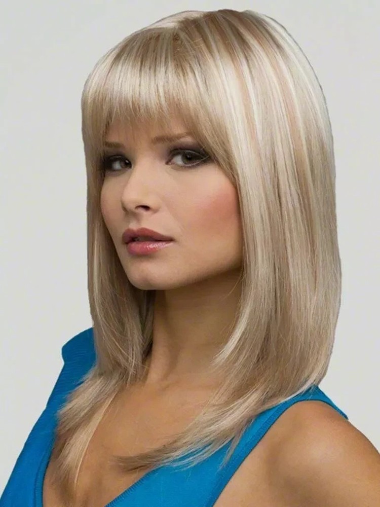 Wigs for Woman Bangs Long Straight Layered Blonde Balayage Women Synthetic Hair