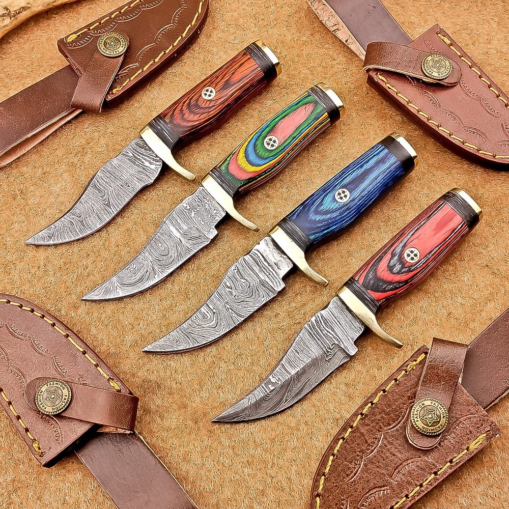 4-Piece Damascus Skinner Knife Set with Wood Handles & Leather Sheaths | 6-Inch Blades | IT-1140
