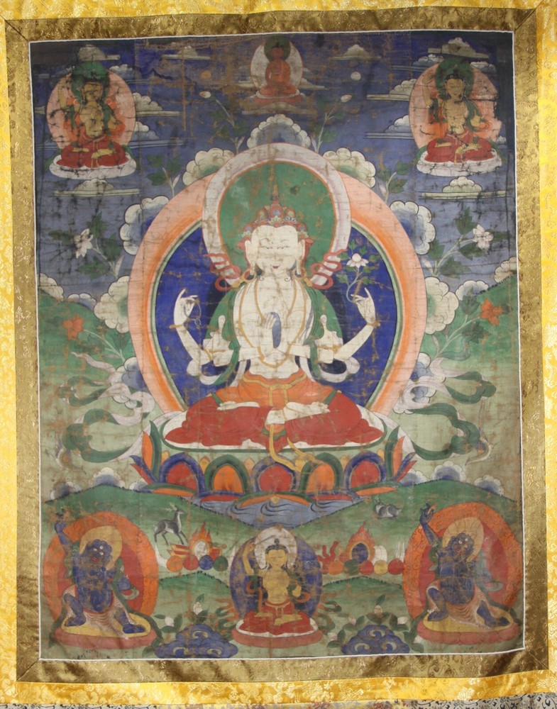 1800s Tibet Antique Buddhist Thangka Four-armed Avalokitesvara Bodhisattva