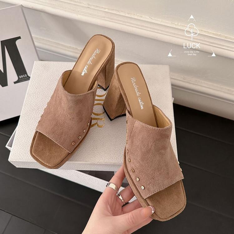Women's Summer Chic Suede Rivet High Heel Sandals with Pull-On Design  