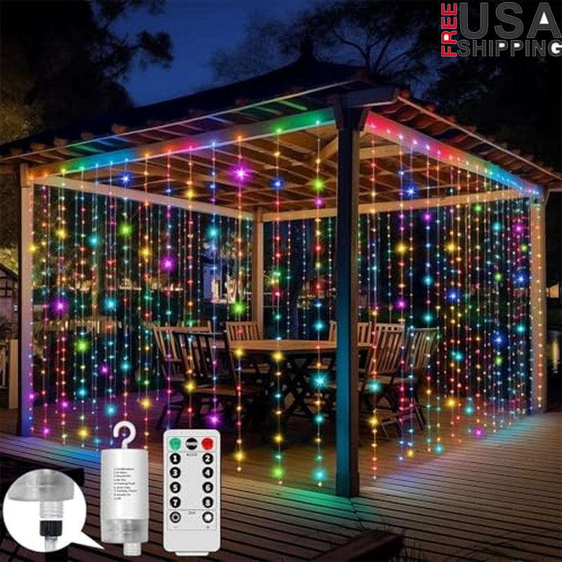 600LED 20ft Waterproof Battery Curtain Lights for Bedroom Outdoor Backdrop Decor
