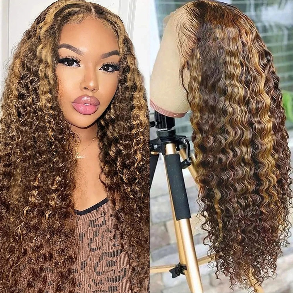 4/27 Ombre Curly Human Hair Wig with Preplucked Lace Closure Glueless Design