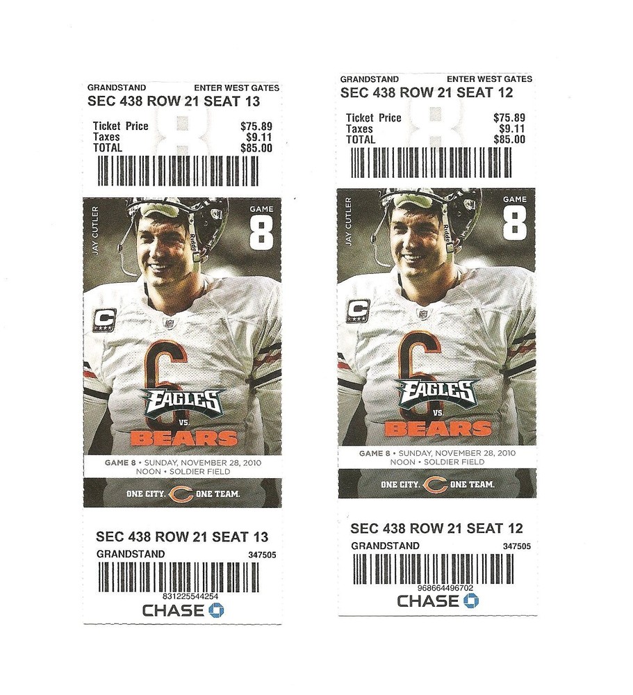 Chicago Bears vs Philadelphia Eagles Unused Football Tickets From 11/28/2010