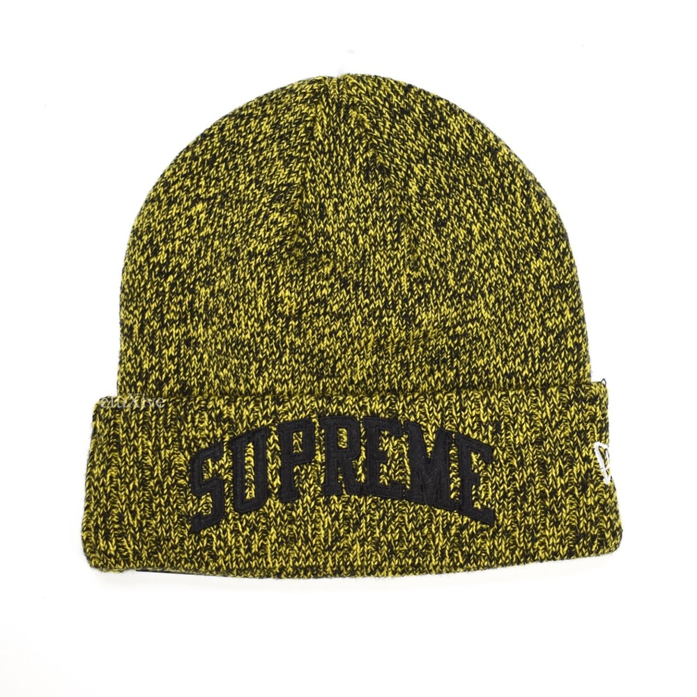 NWT Supreme New Era Black Yellow Speckle Arc Logo Beanie Knit Hat FW18 AUTHENTIC