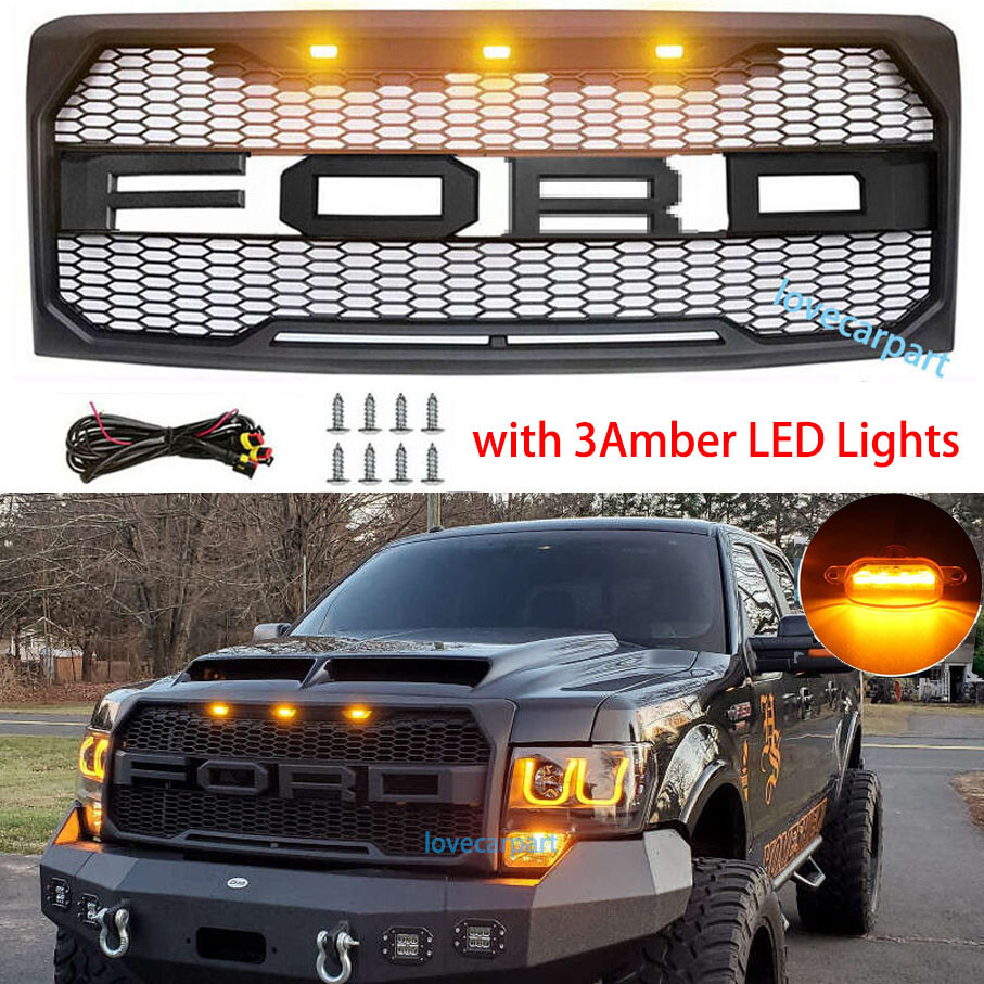 For F150 Grill 2009 2010 11 12 13 2014 F150 Raptor Style Hood Grille w/LED Black