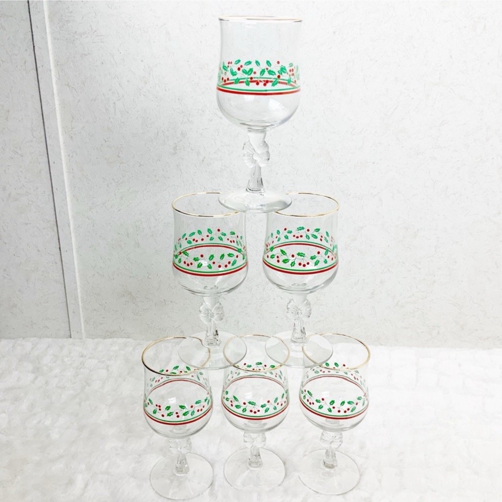 Vintage Libbey Arbys 6 Holly Berry Bow Stem Wine Glasses Christmas Holiday Set
