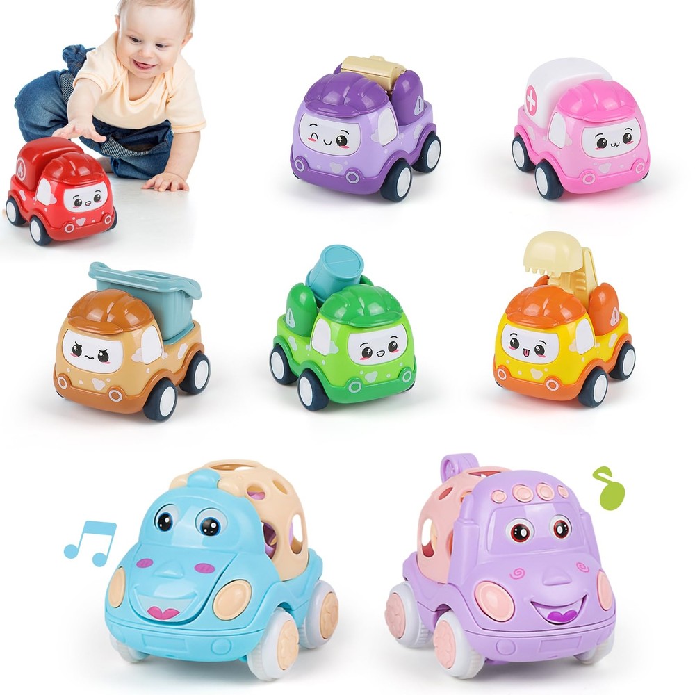 Baby Mini Pull Back Car Set for Toddlers 1-3 Rattle Roll Soft Car Toys for In...