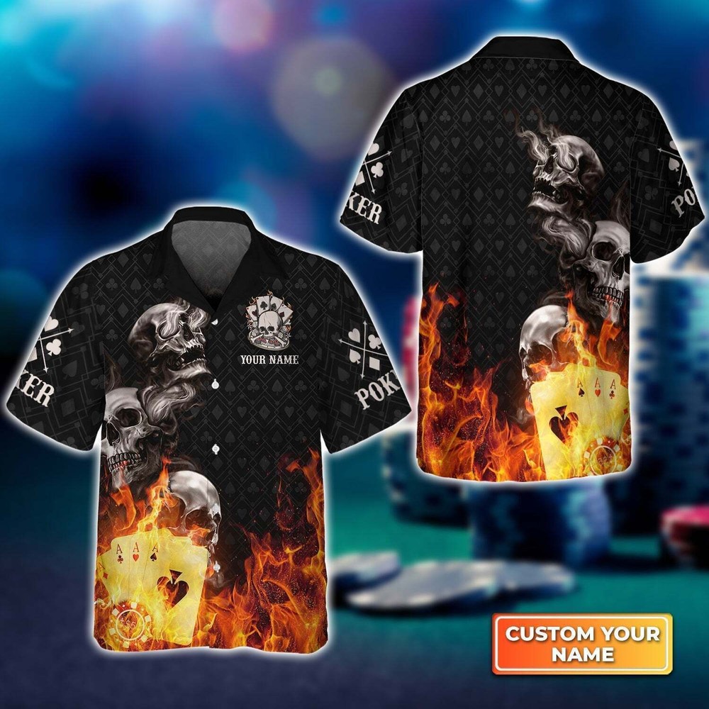 Poker Four Of A Kind Aces Skull Flame Personalized 3D Hawaiian Shirt