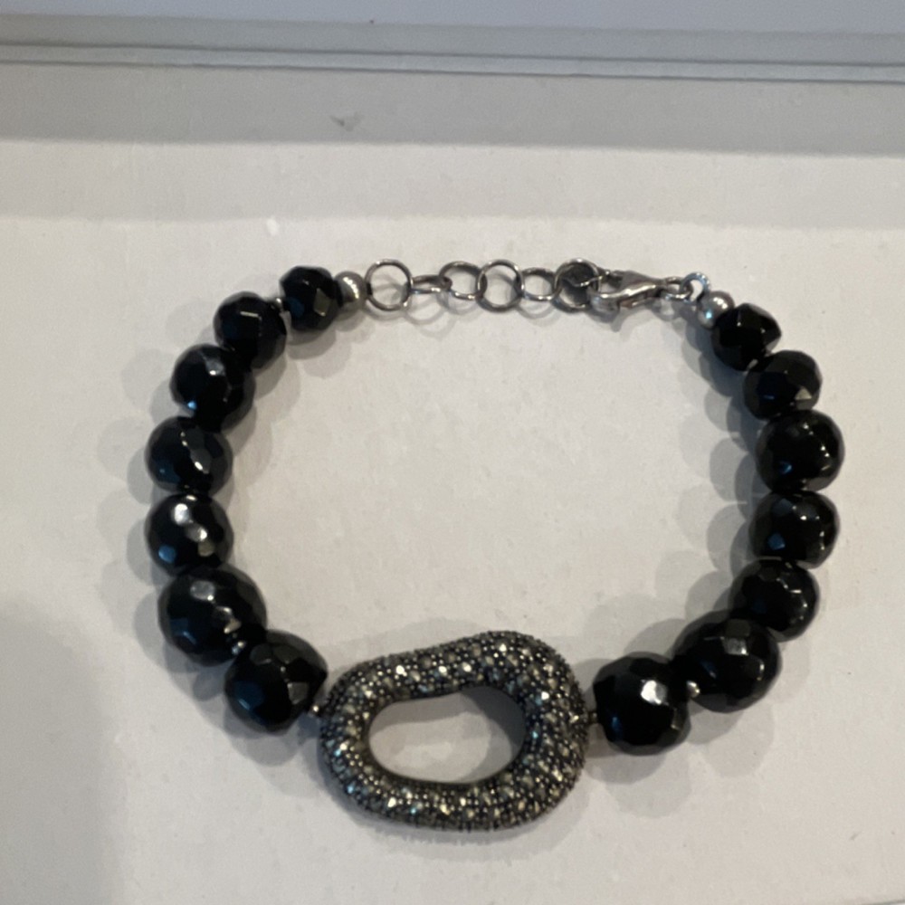 YahSarah Black Onyx & Marcasite 925 Sterling Silver Beaded Charm Bracelet