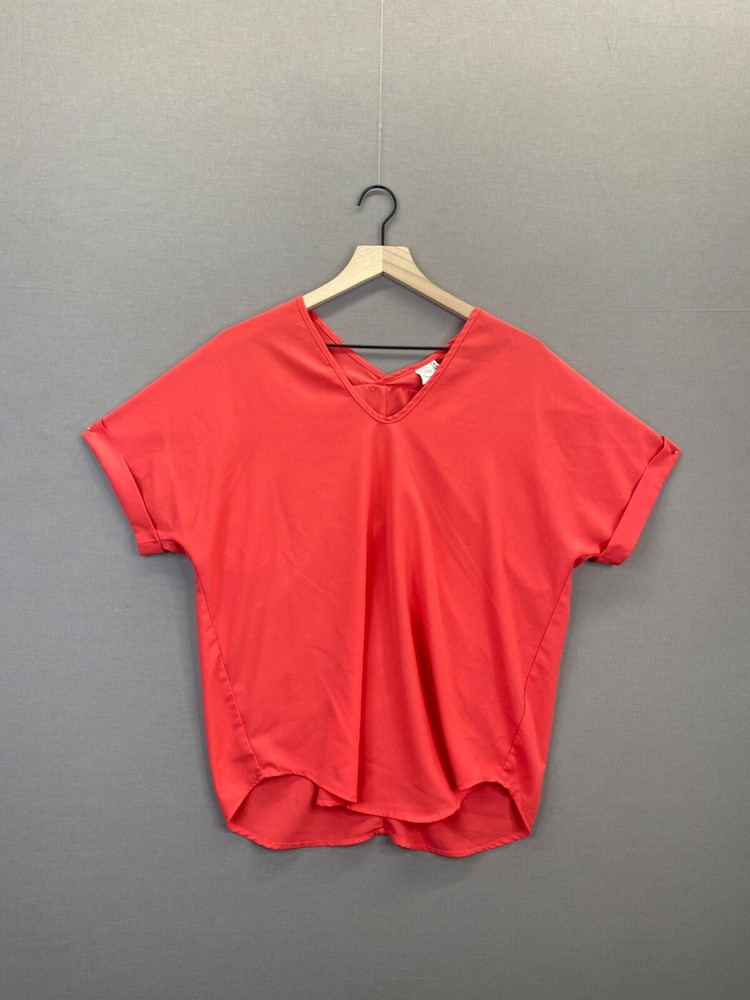 Paper Crane Womens Red Orange Blouse Short Sleeve V-Neck Size Medium