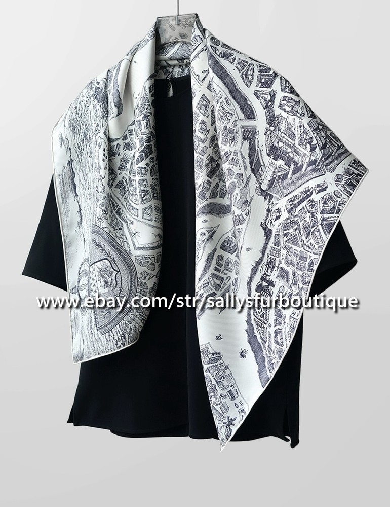 Sallys 18 Momme Twill Silk Wrap Scarf City Horse Print Double Face Shawl 35