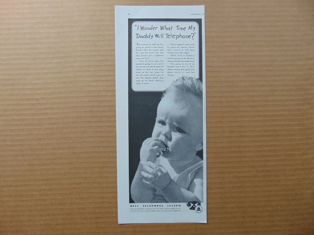 1939 Bell Telephone vintage ad art print Baby asks What Time daddy will Call