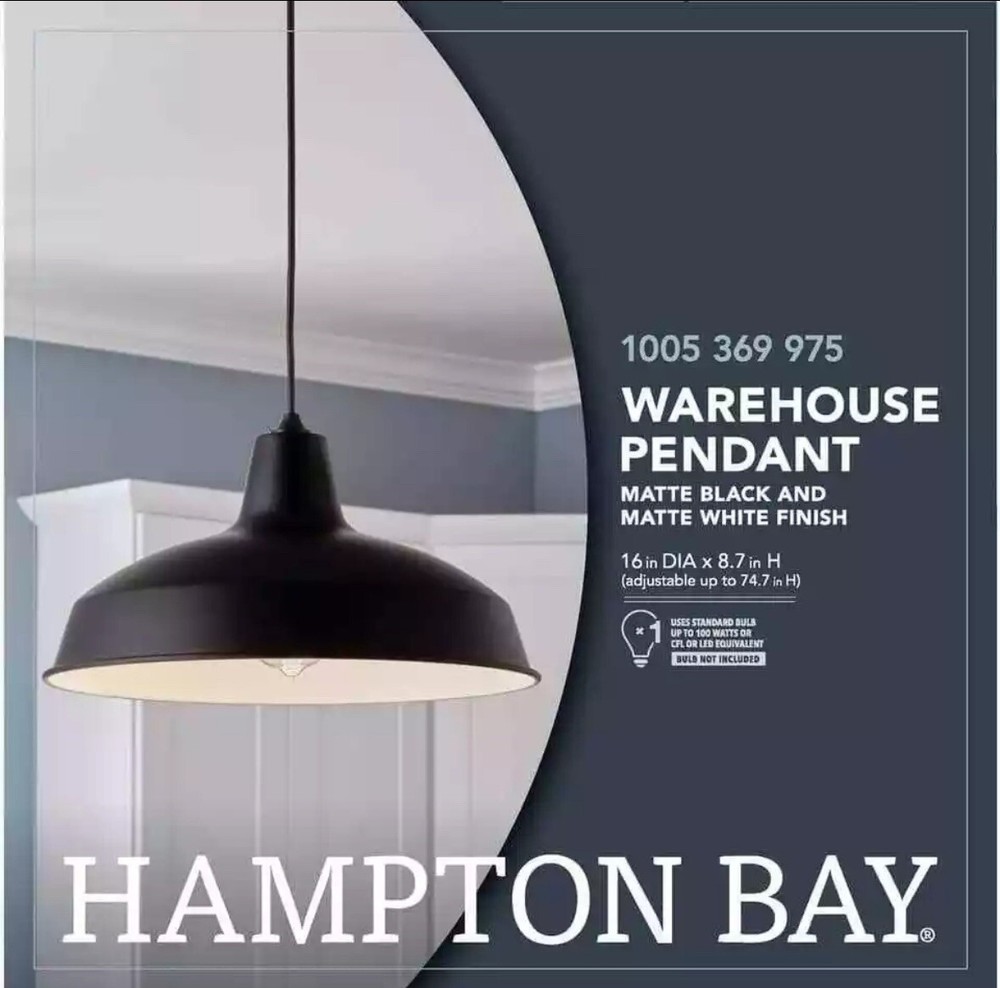 Hampton Bay 1-Light Black Warehouse Pendant Hanging Light with Metal Shade