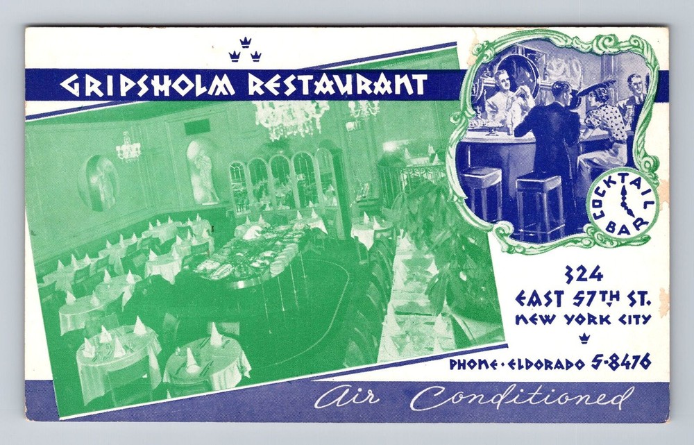 New York City NY, Gripsholm Restaurant, Souvenir, Antique, Vintage Postcard