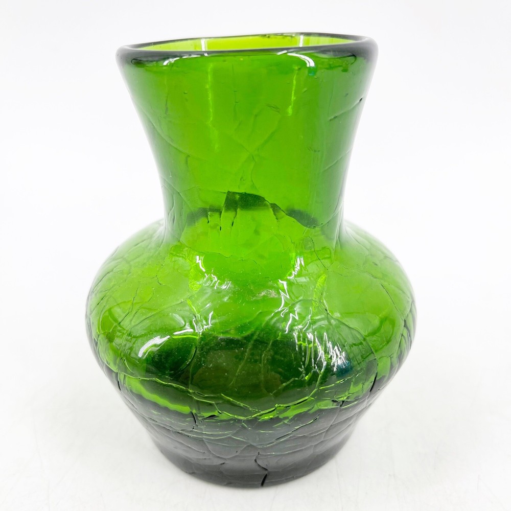 VTG SMALL Hand Blown Art Glass Vase Green Crackle Glass Design 4.25