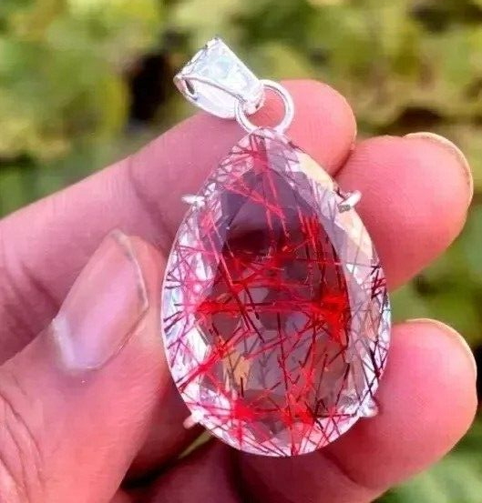 Natural Rutilated Quartz 93.10ct Pear Red Gemstone 925 Silver Pendant