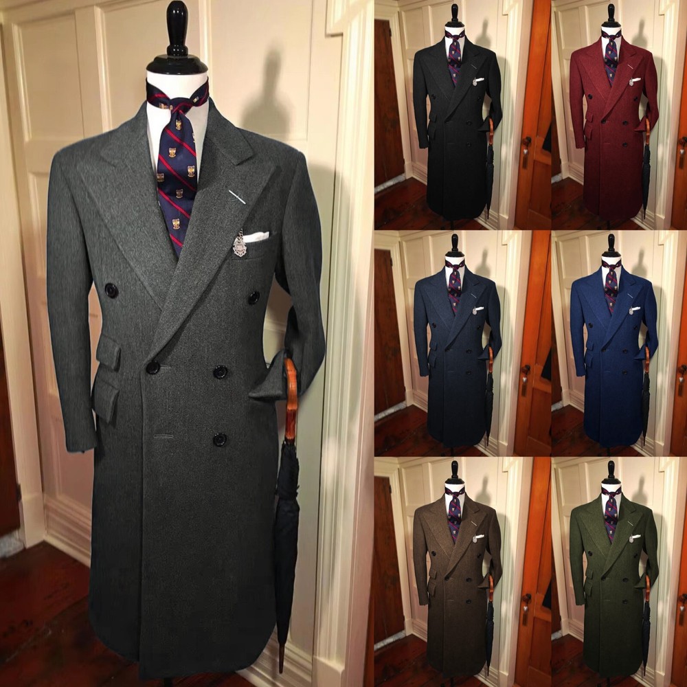 Peak Lapel Men's Overcoat Long Winter Tweed Cashmere Casual Outdoor Wear Coats