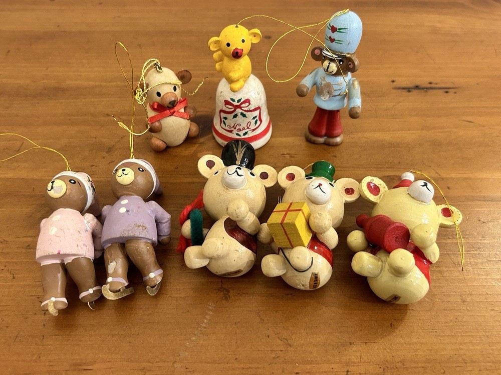 Vintage Wooden Christmas Tree Ornaments Lot Of 8 Painted Bears