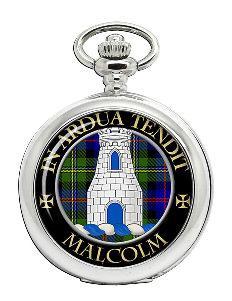 Malcolm Scottish Clan Engraved Pocket Watch with Chain