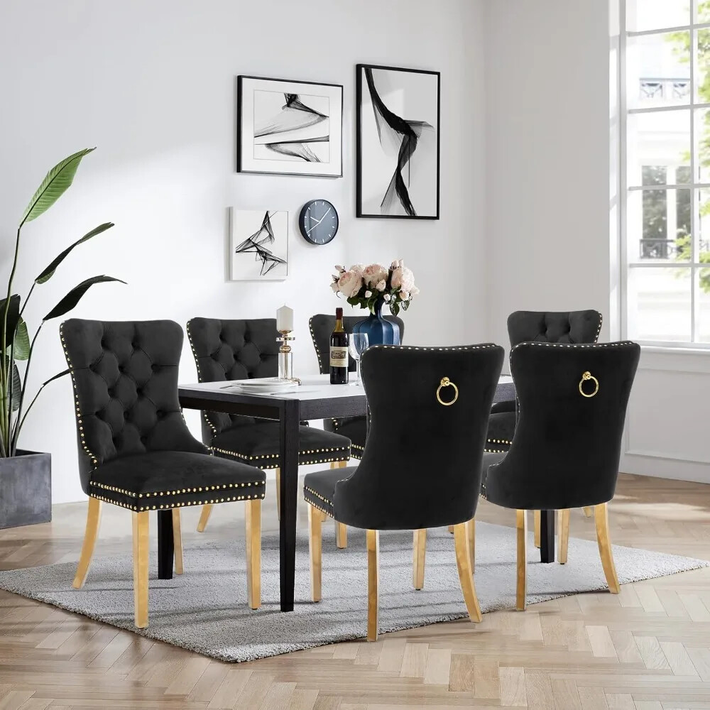 Velvet Dining Chairs Set of 6 Upholstered Tufted Kitchen Side Chairs with Nailhead Trim  