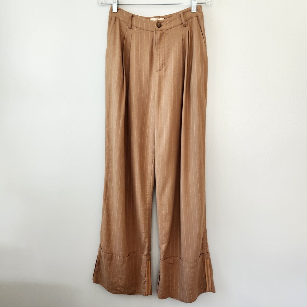Nicholas Pants Women's 4 Carmel Pinstripe Wide Leg Trouser Pleated Work Business