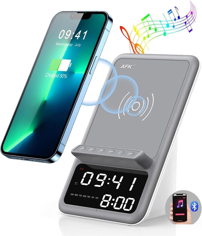 4 in 1 Wireless Charging Station with Bluetooth Speaker & Alarm Clock - Gray-...