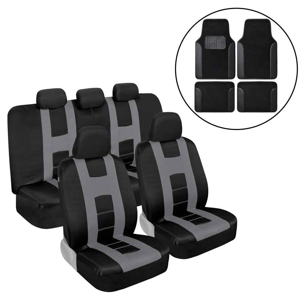 Full Set Gray Car Seat Covers & Black Carpet Floor Mats Combo  