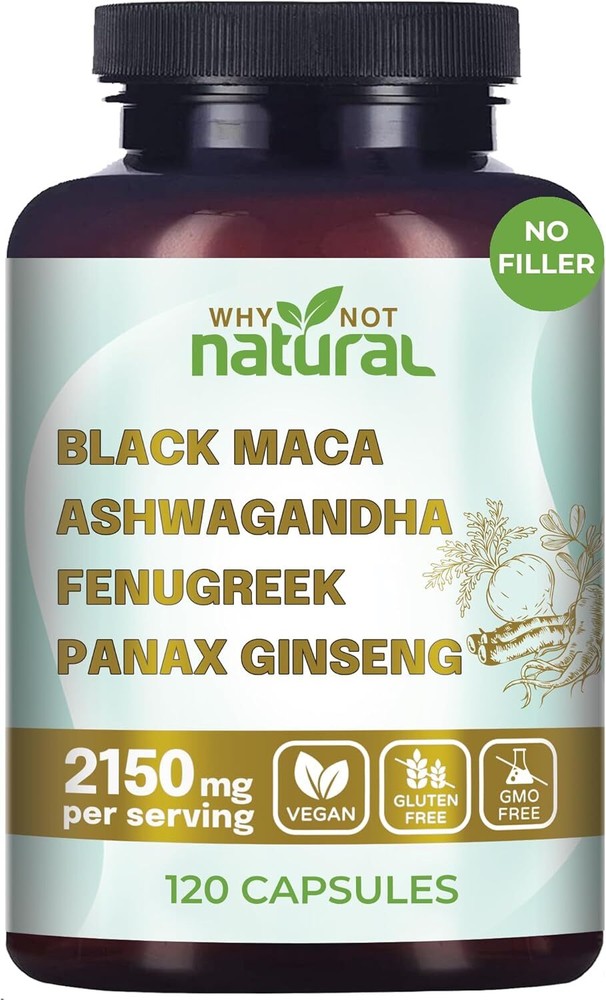 Organic Black Maca Root, Ashwagandha, Fenugreek, Panax Ginseng Capsules - USA