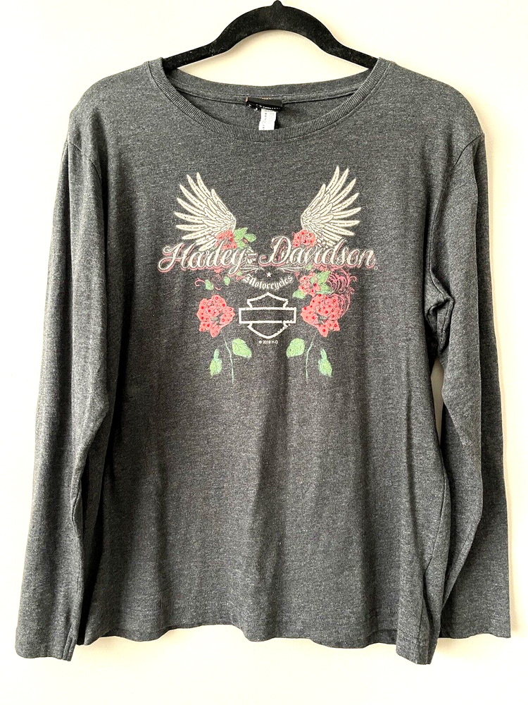 HARLEY DAVIDSON Womens T-Shirt Sz LG Las Vegas with Rhinestones Wings & Roses