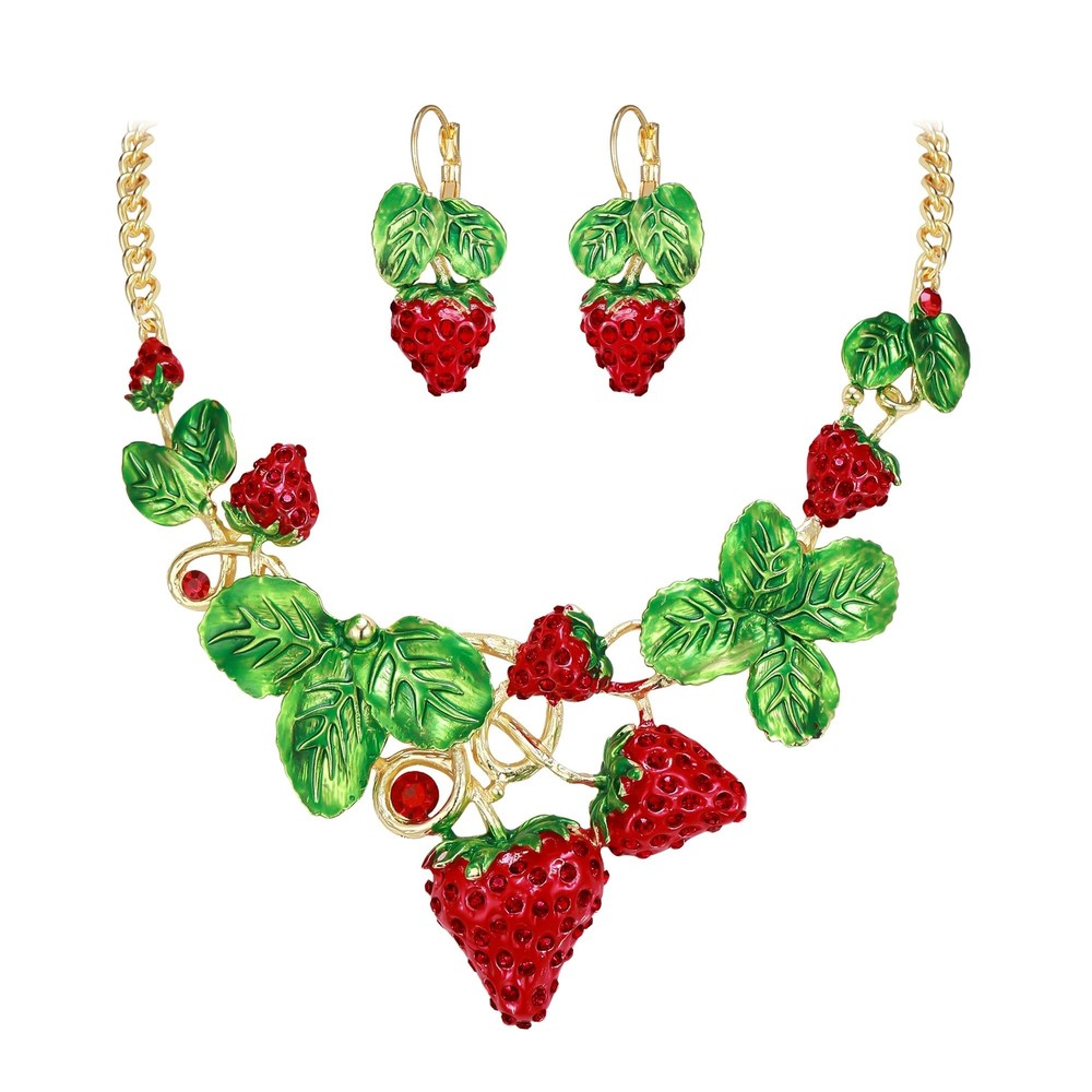 EVER FAITH Women's Austrian Crystal Sweet Strawberry Leaf Necklace Earrings Set