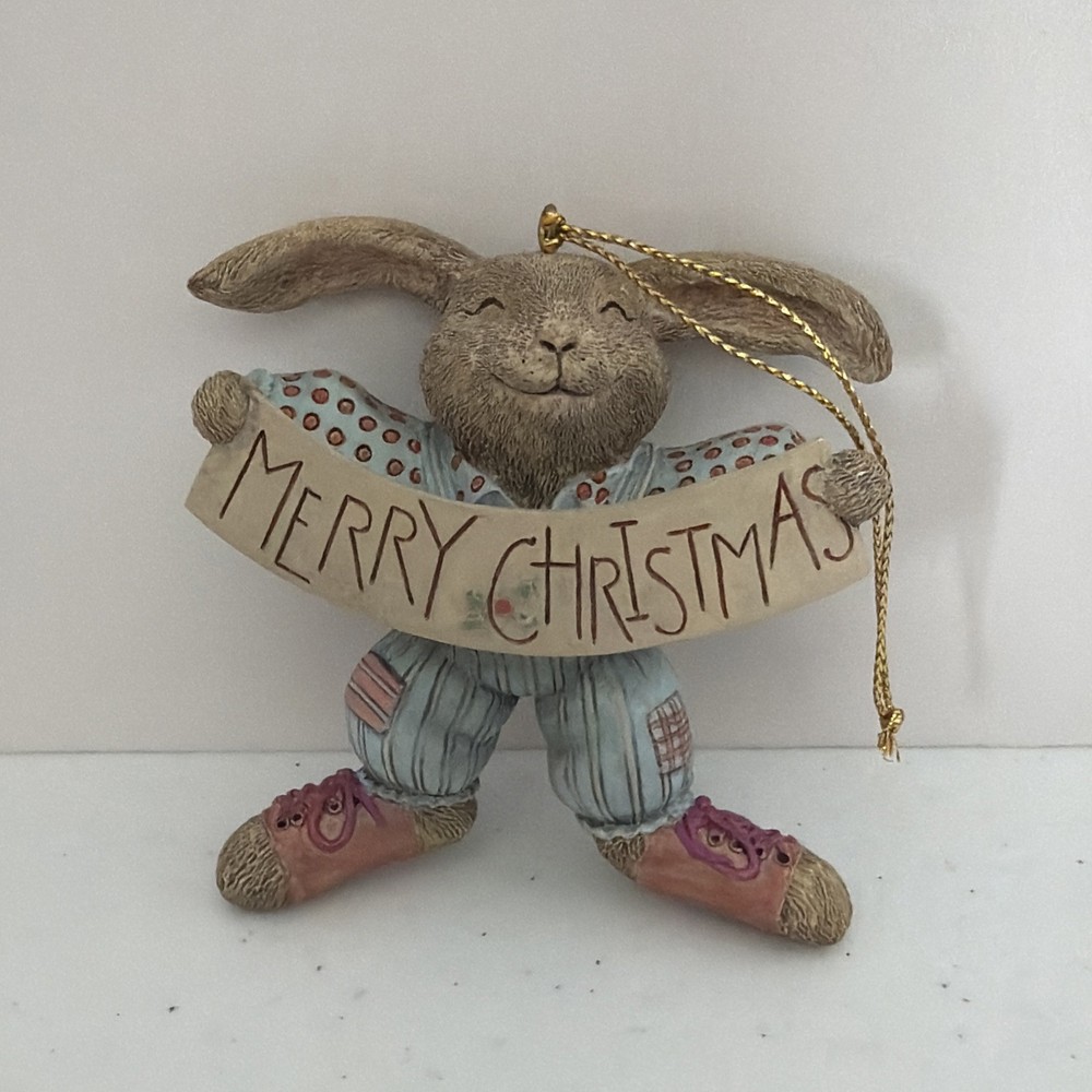 Vintage Christmas Ornament Bunny Rabbit Merry Christmas Banner