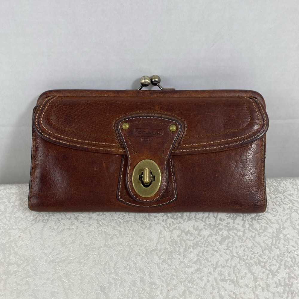 Vintage Coach 65th Anniversary Brown Leather Kisslock Wallet French Framed