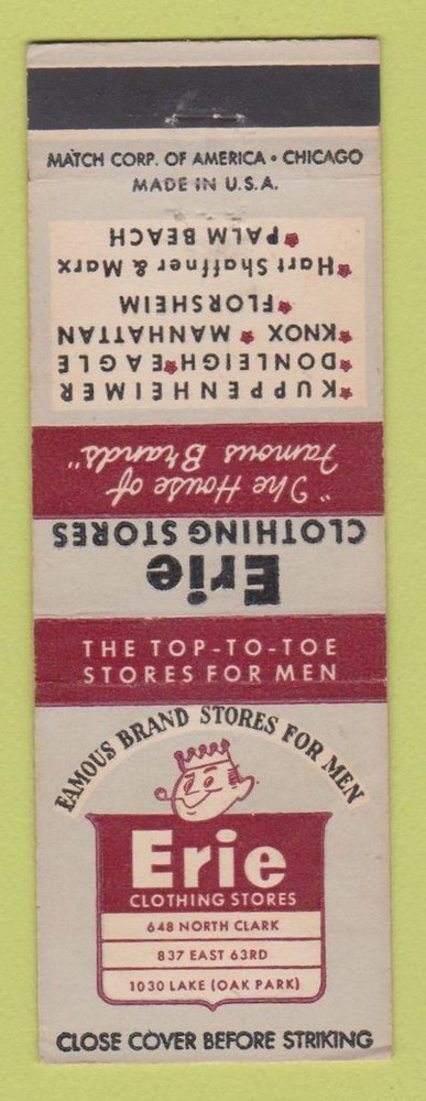 Matchbook Cover - Erie Clothing Stores Chicago IL WEAR